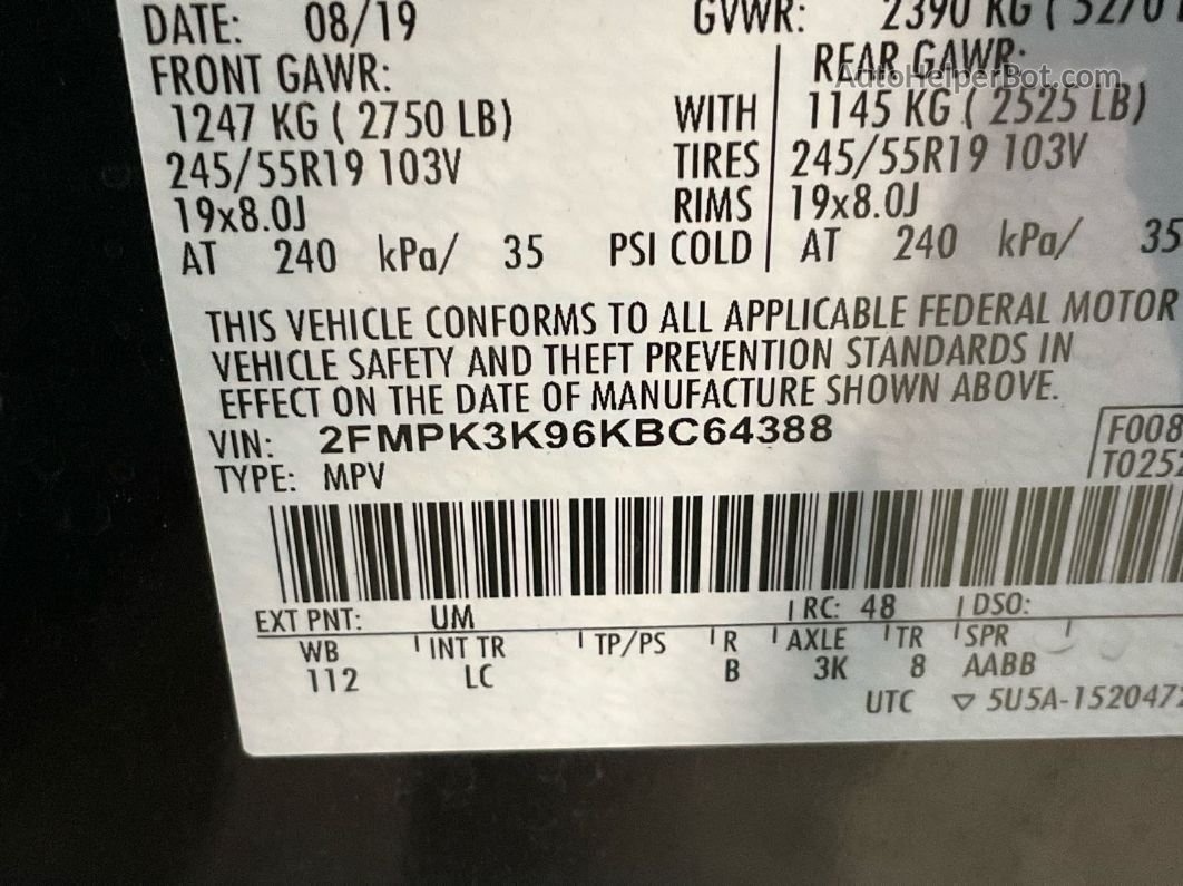 2019 Ford Edge Titanium vin: 2FMPK3K96KBC64388