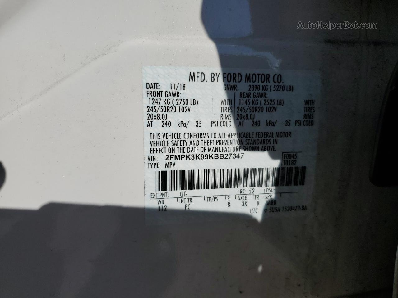 2019 Ford Edge Titanium Белый vin: 2FMPK3K99KBB27347