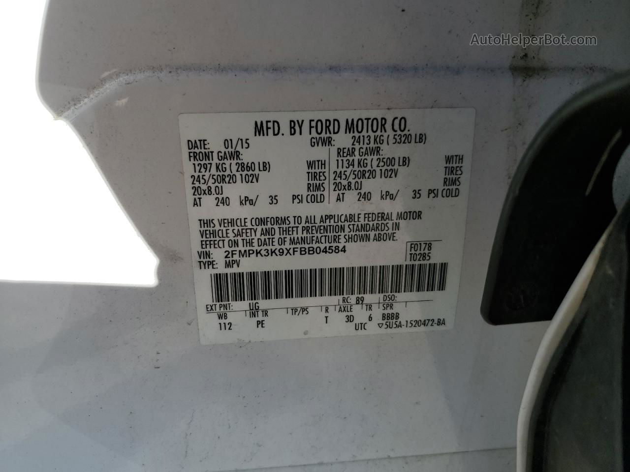 2015 Ford Edge Titanium White vin: 2FMPK3K9XFBB04584