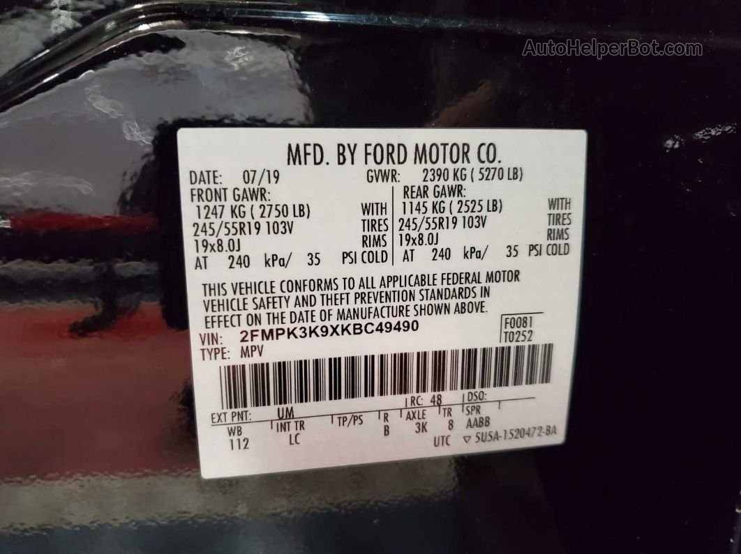 2019 Ford Edge Titanium vin: 2FMPK3K9XKBC49490