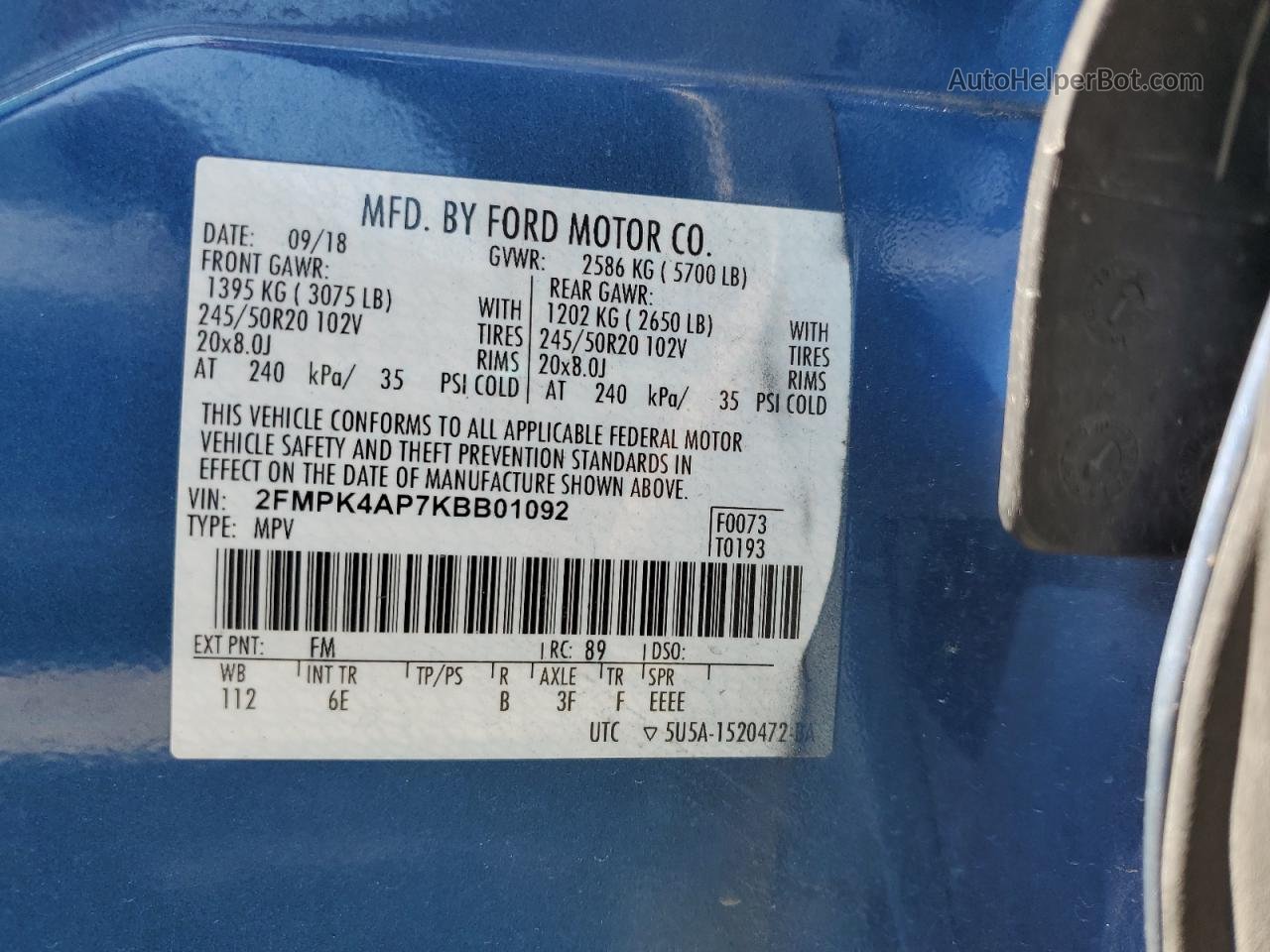 2019 Ford Edge St Синий vin: 2FMPK4AP7KBB01092