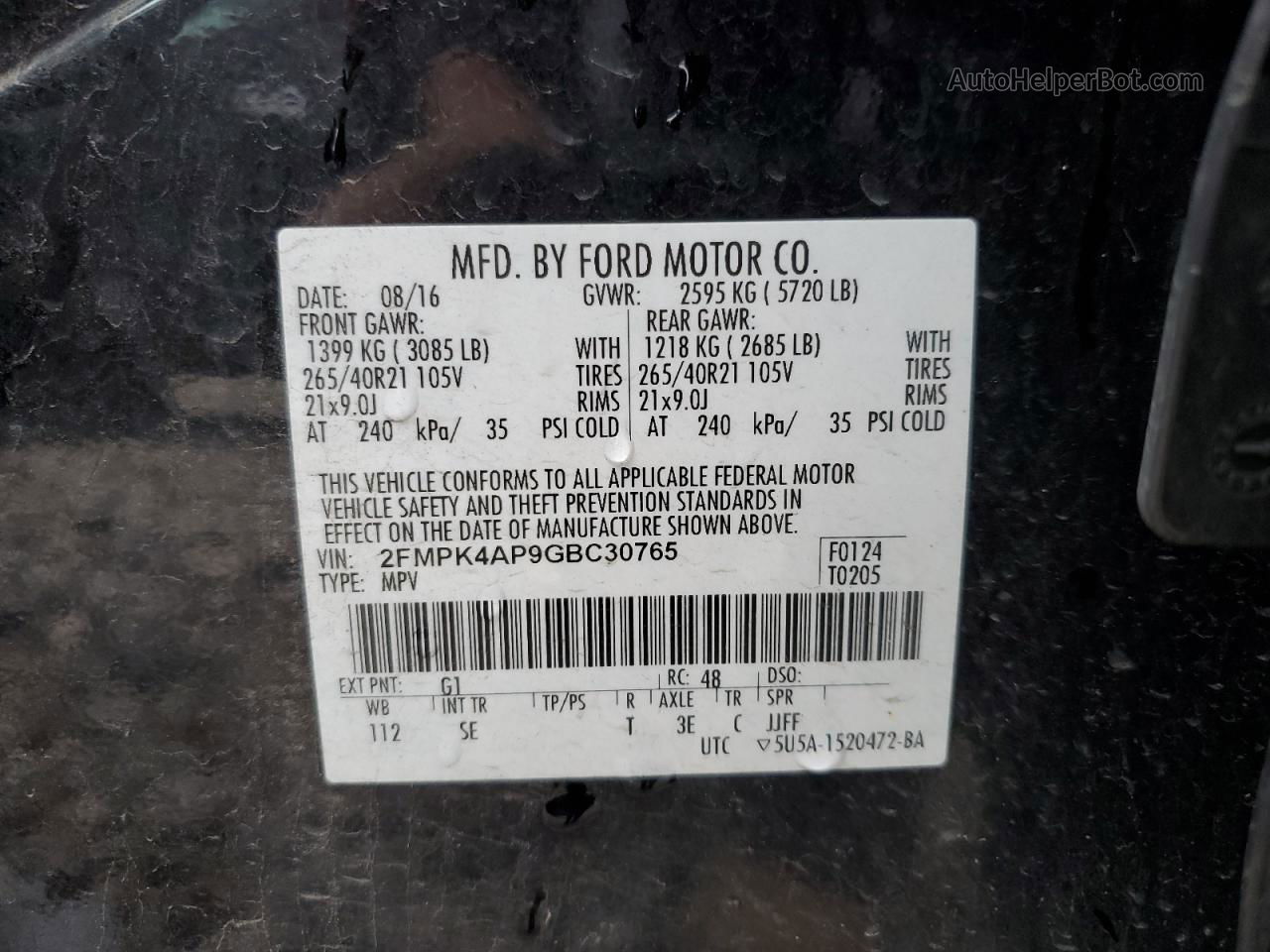 2016 Ford Edge Sport Черный vin: 2FMPK4AP9GBC30765