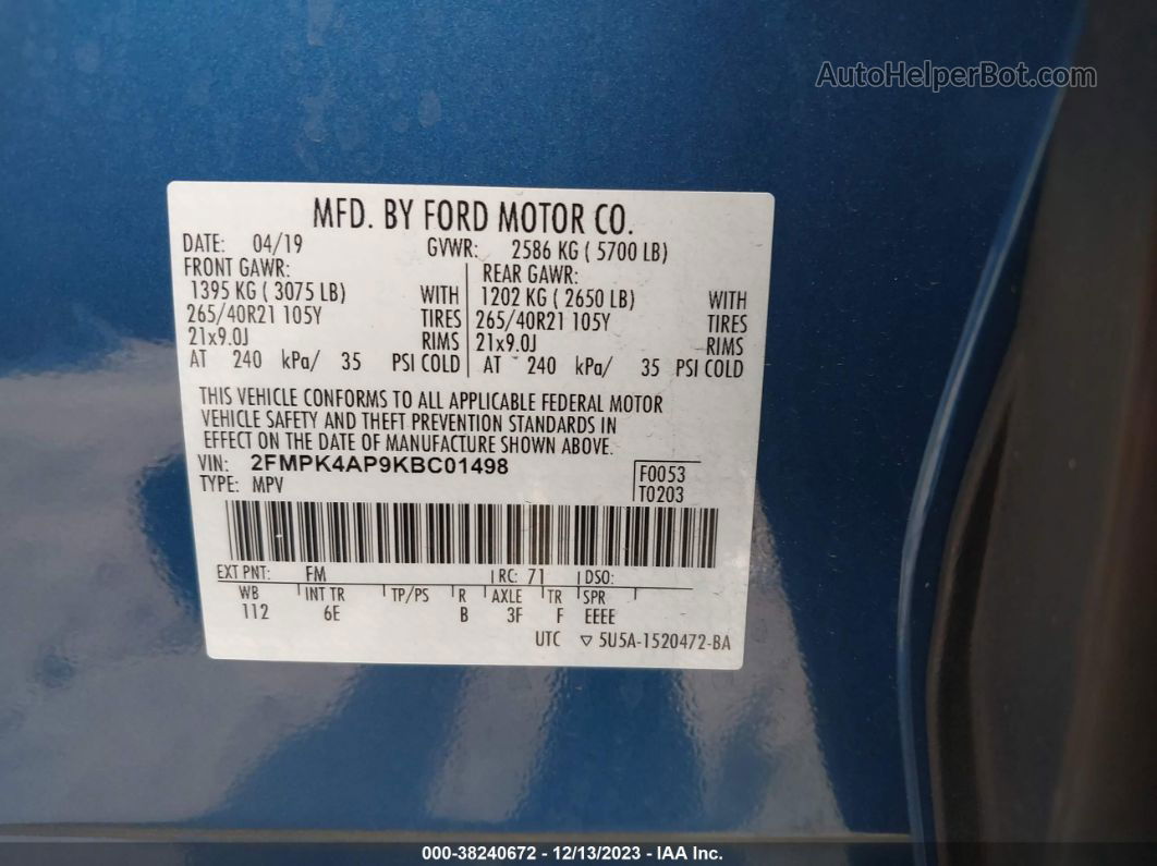 2019 Ford Edge St Blue vin: 2FMPK4AP9KBC01498