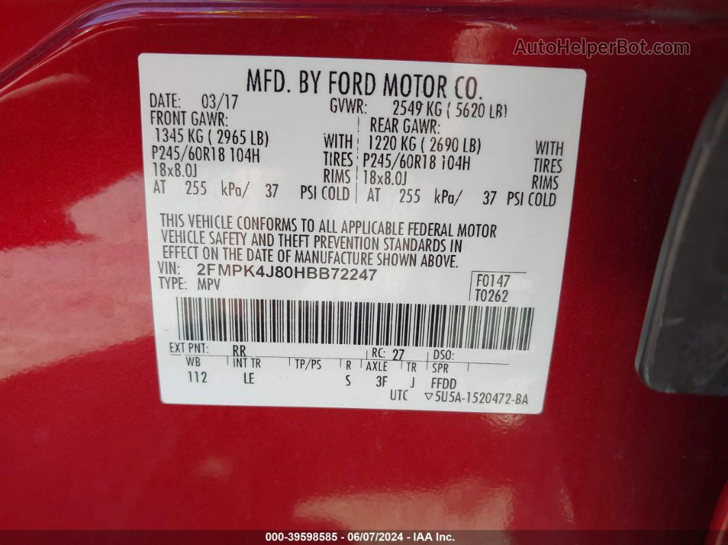 2017 Ford Edge Sel Red vin: 2FMPK4J80HBB72247