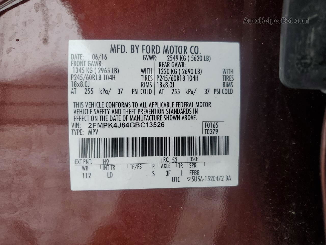 2016 Ford Edge Sel Бордовый vin: 2FMPK4J84GBC13526