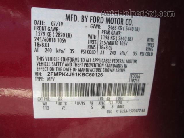 2019 Ford Edge Sel Red vin: 2FMPK4J91KBC60126