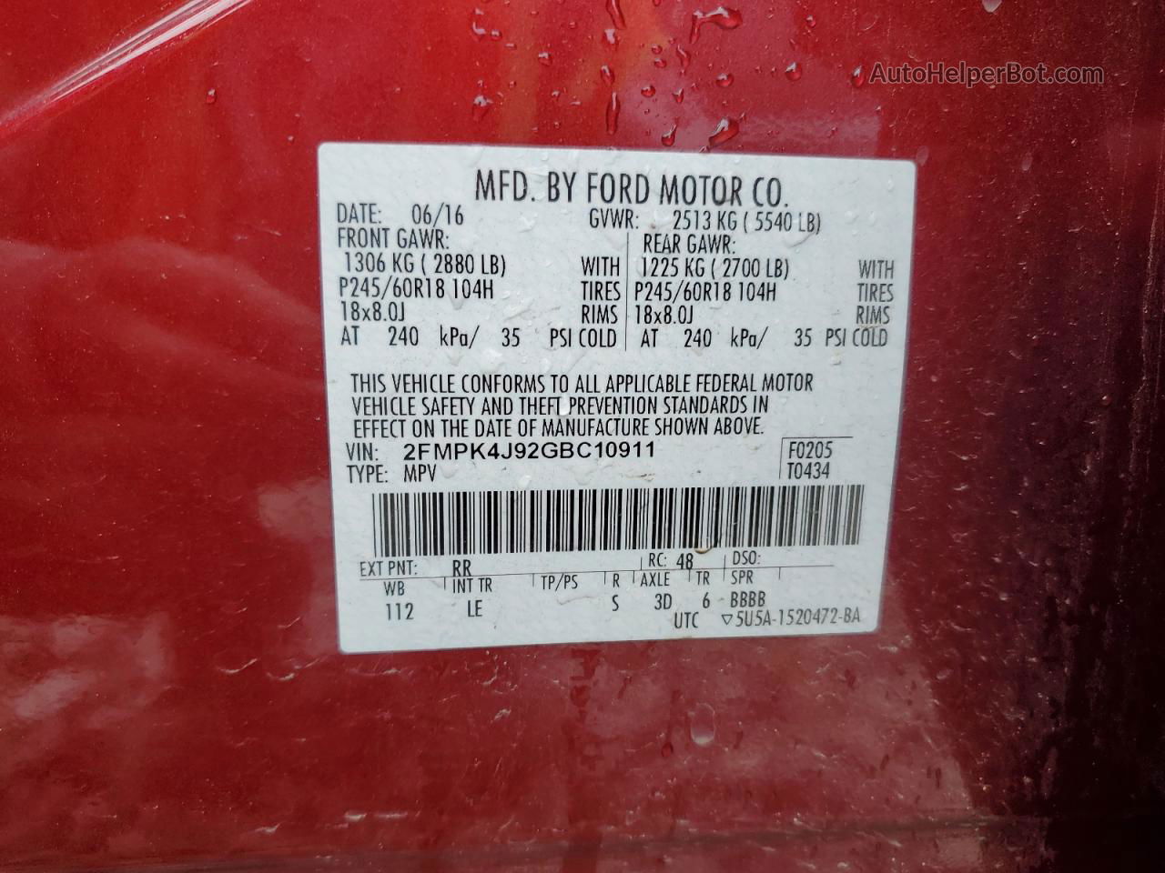2016 Ford Edge Sel Red vin: 2FMPK4J92GBC10911