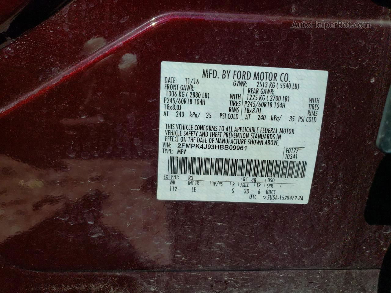 2017 Ford Edge Sel Maroon vin: 2FMPK4J93HBB09961