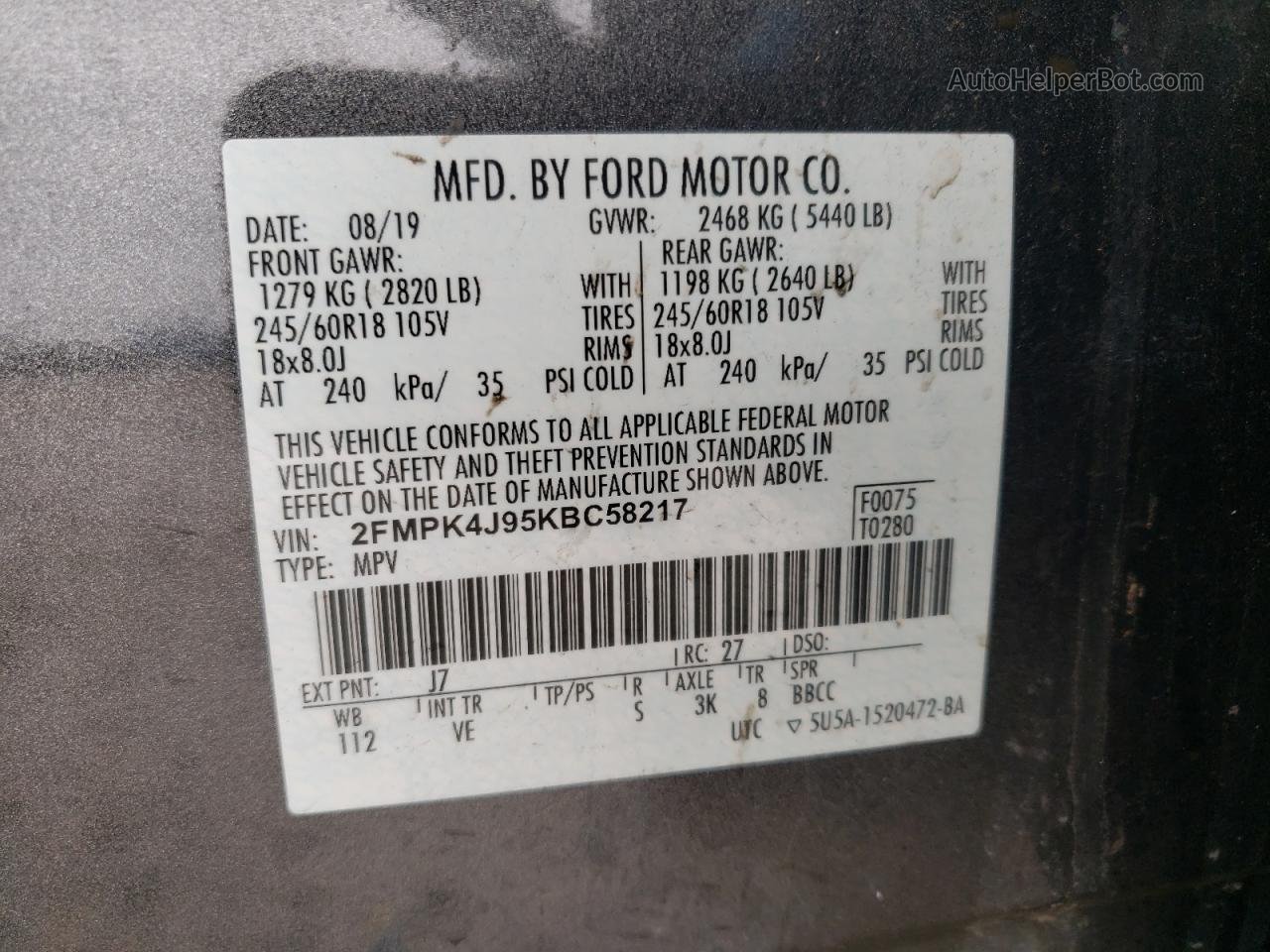 2019 Ford Edge Sel Угольный vin: 2FMPK4J95KBC58217
