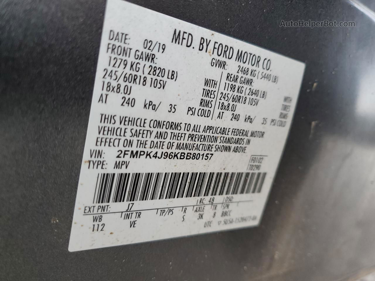2019 Ford Edge Sel Charcoal vin: 2FMPK4J96KBB80157