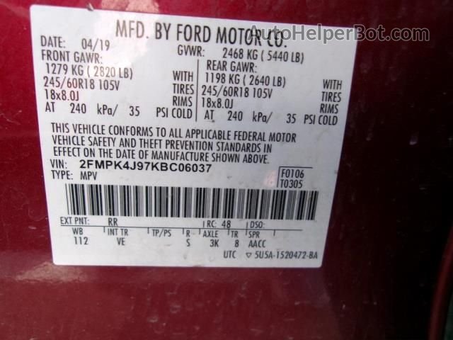 2019 Ford Edge Sel Red vin: 2FMPK4J97KBC06037