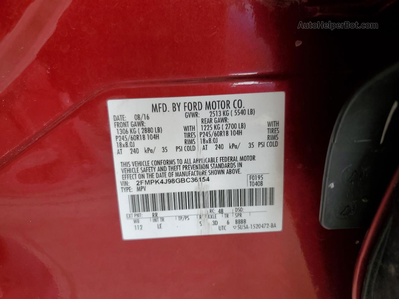 2016 Ford Edge Sel Red vin: 2FMPK4J98GBC36154