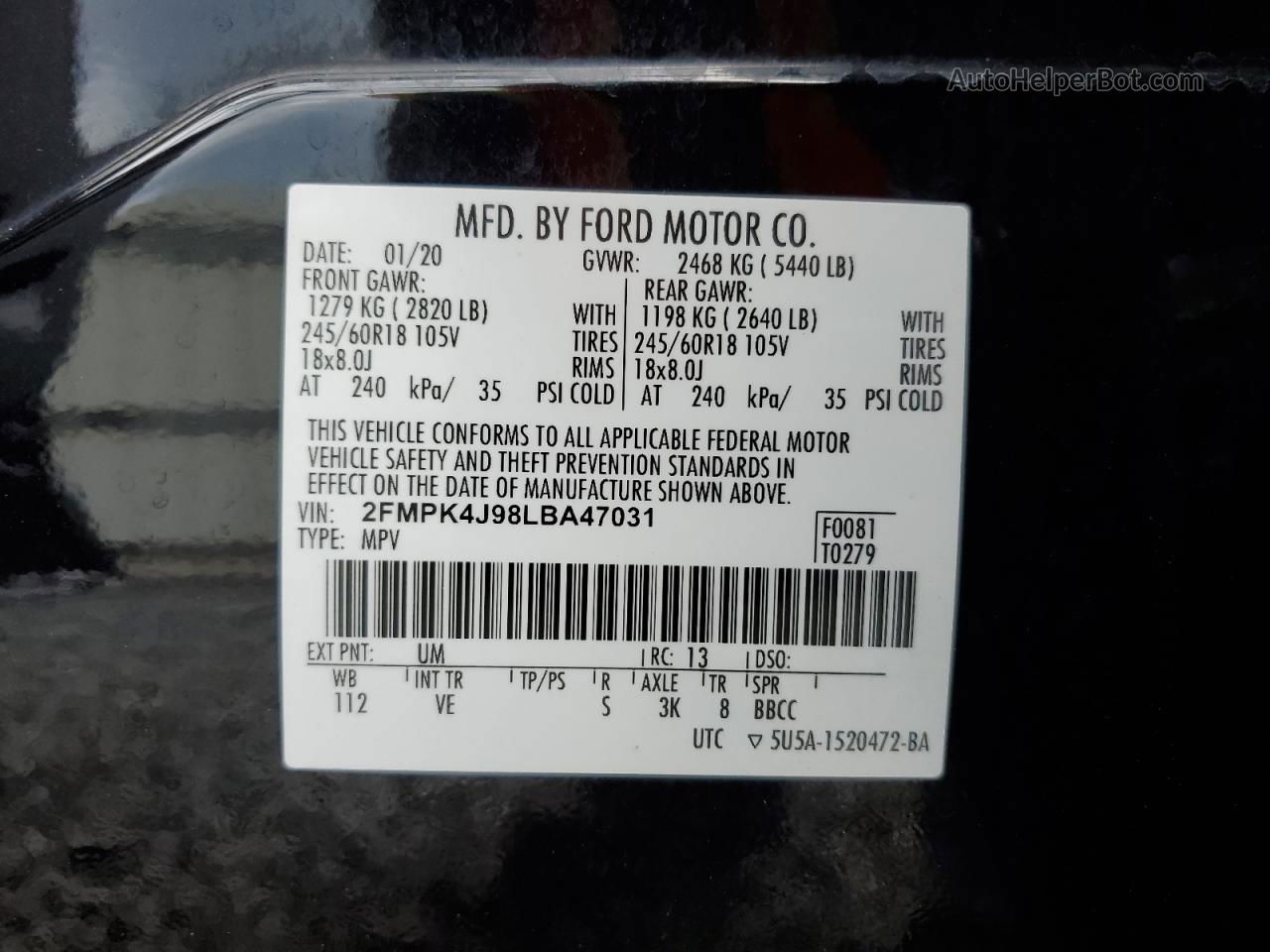 2020 Ford Edge Sel Black vin: 2FMPK4J98LBA47031
