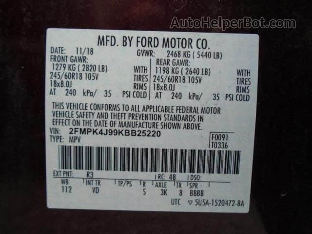 2019 Ford Edge Sel Maroon vin: 2FMPK4J99KBB25220