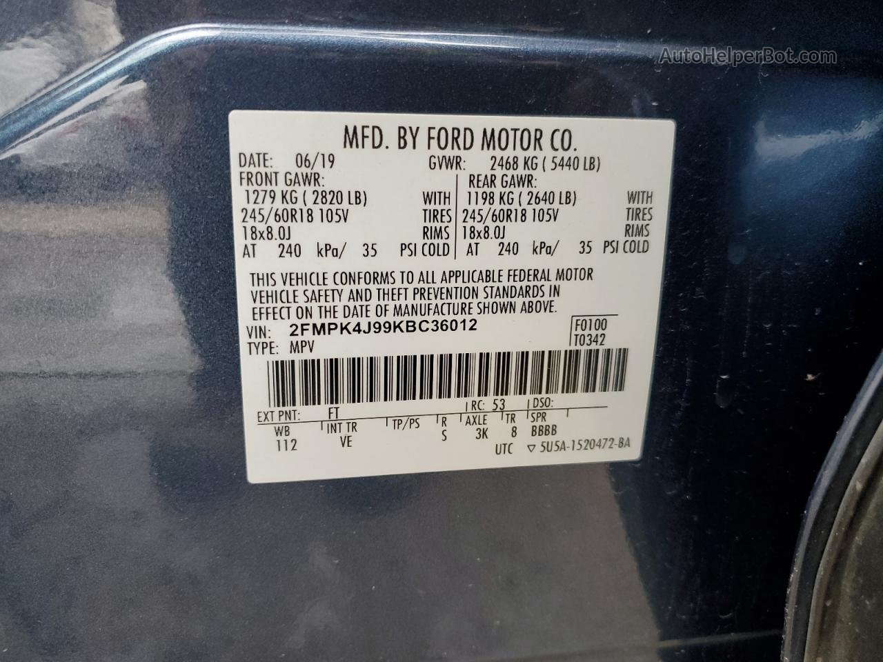2019 Ford Edge Sel Blue vin: 2FMPK4J99KBC36012