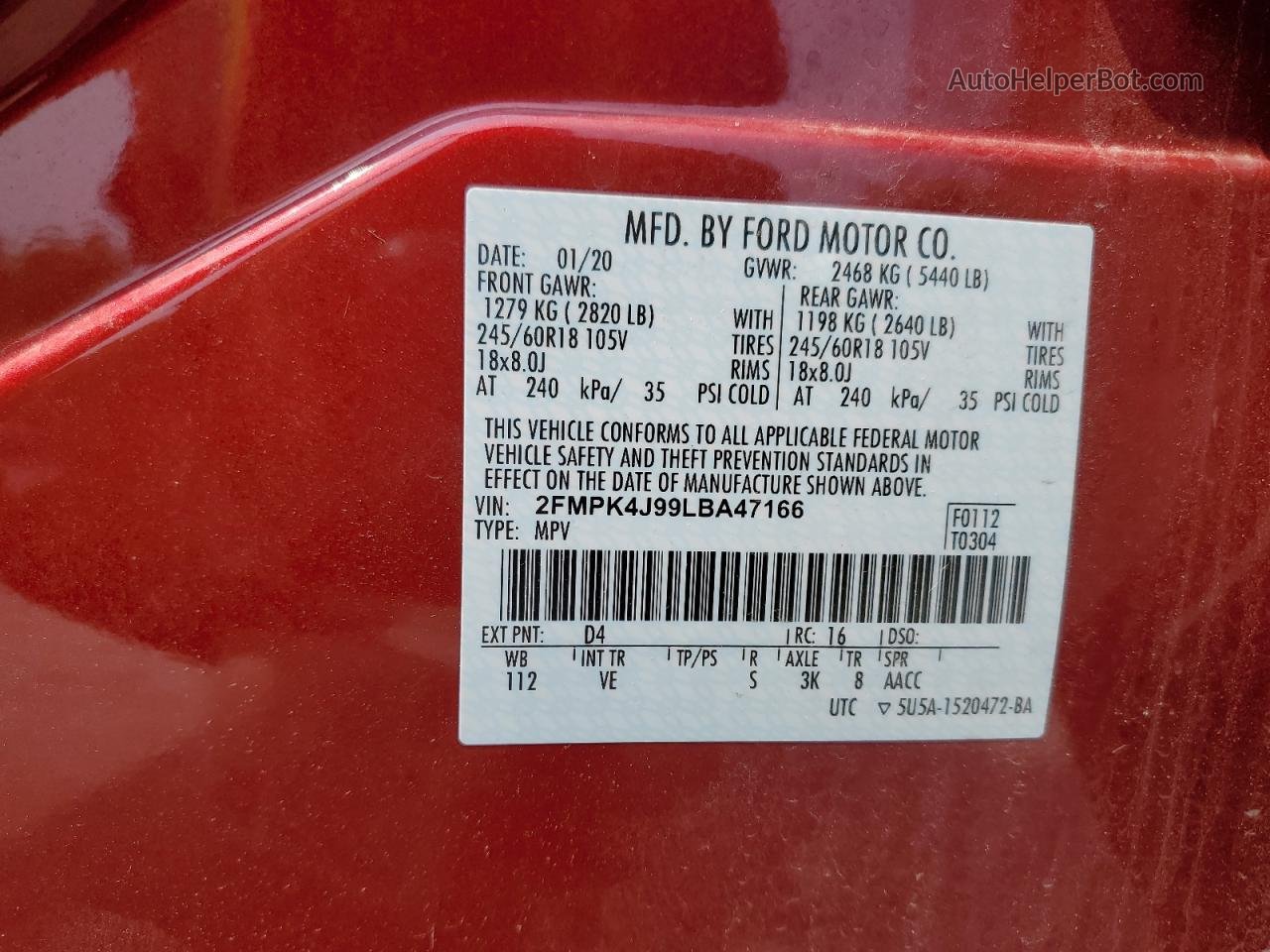 2020 Ford Edge Sel Red vin: 2FMPK4J99LBA47166
