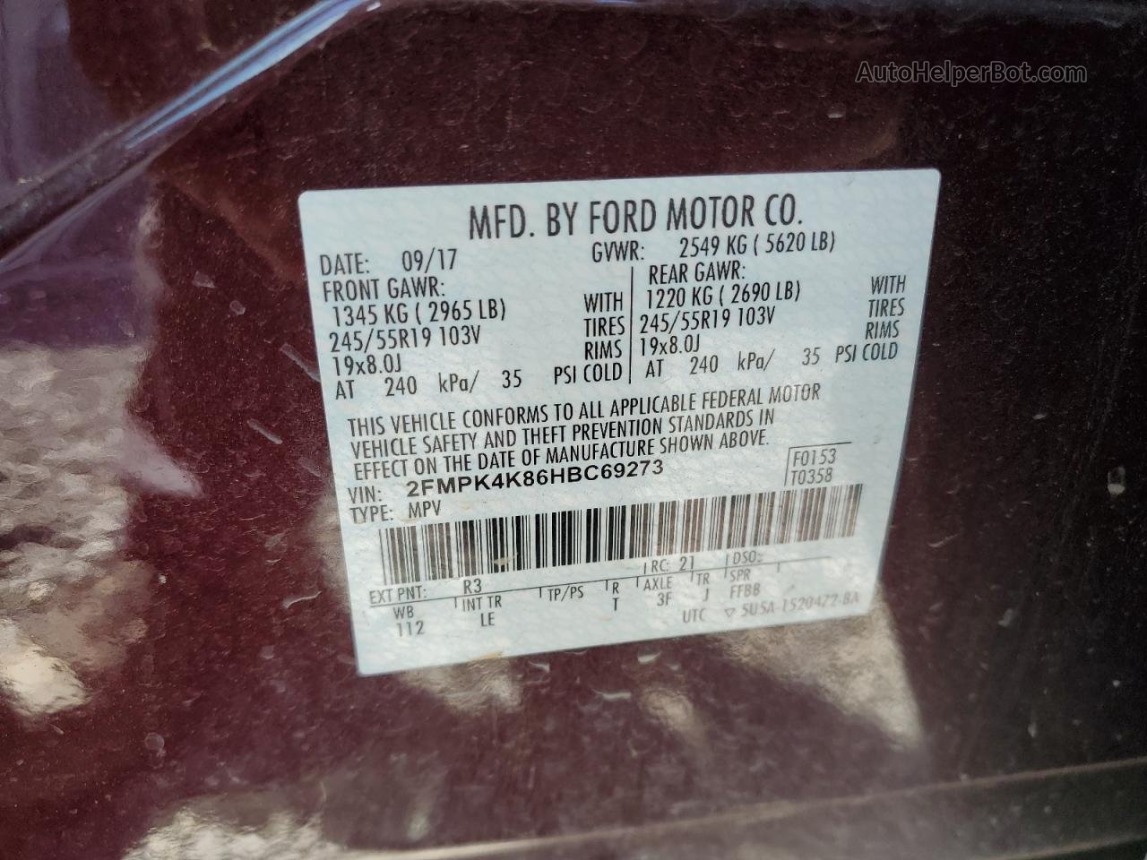 2017 Ford Edge Titanium Темно-бордовый vin: 2FMPK4K86HBC69273