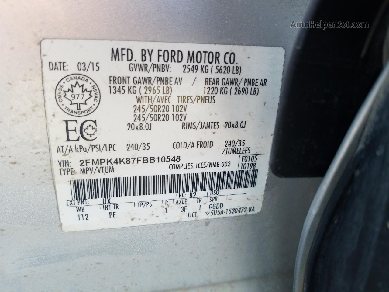 2015 Ford Edge Titanium Silver vin: 2FMPK4K87FBB10548