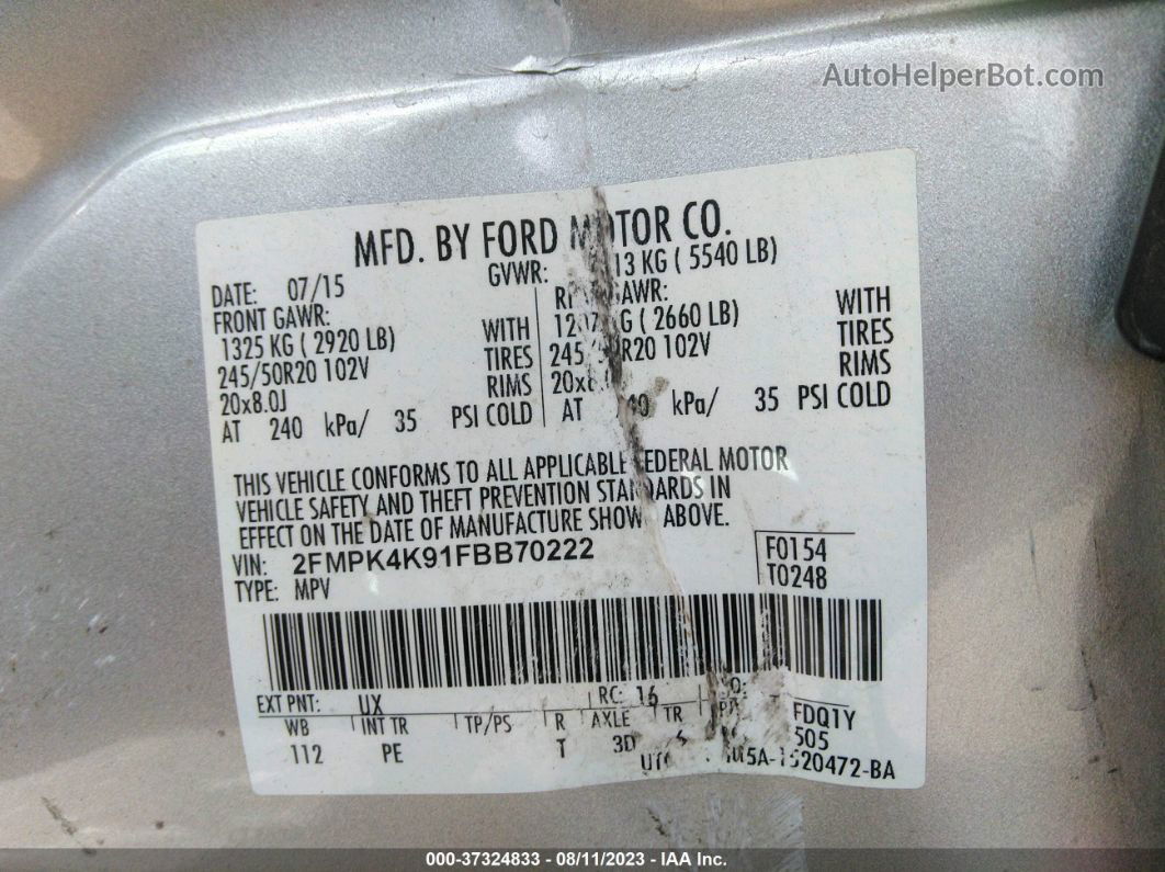 2015 Ford Edge Titanium Silver vin: 2FMPK4K91FBB70222