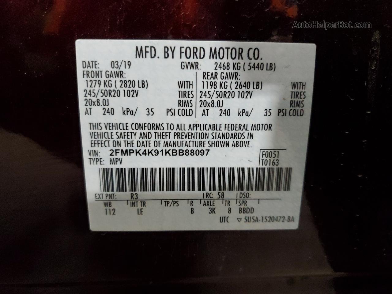 2019 Ford Edge Titanium Бордовый vin: 2FMPK4K91KBB88097