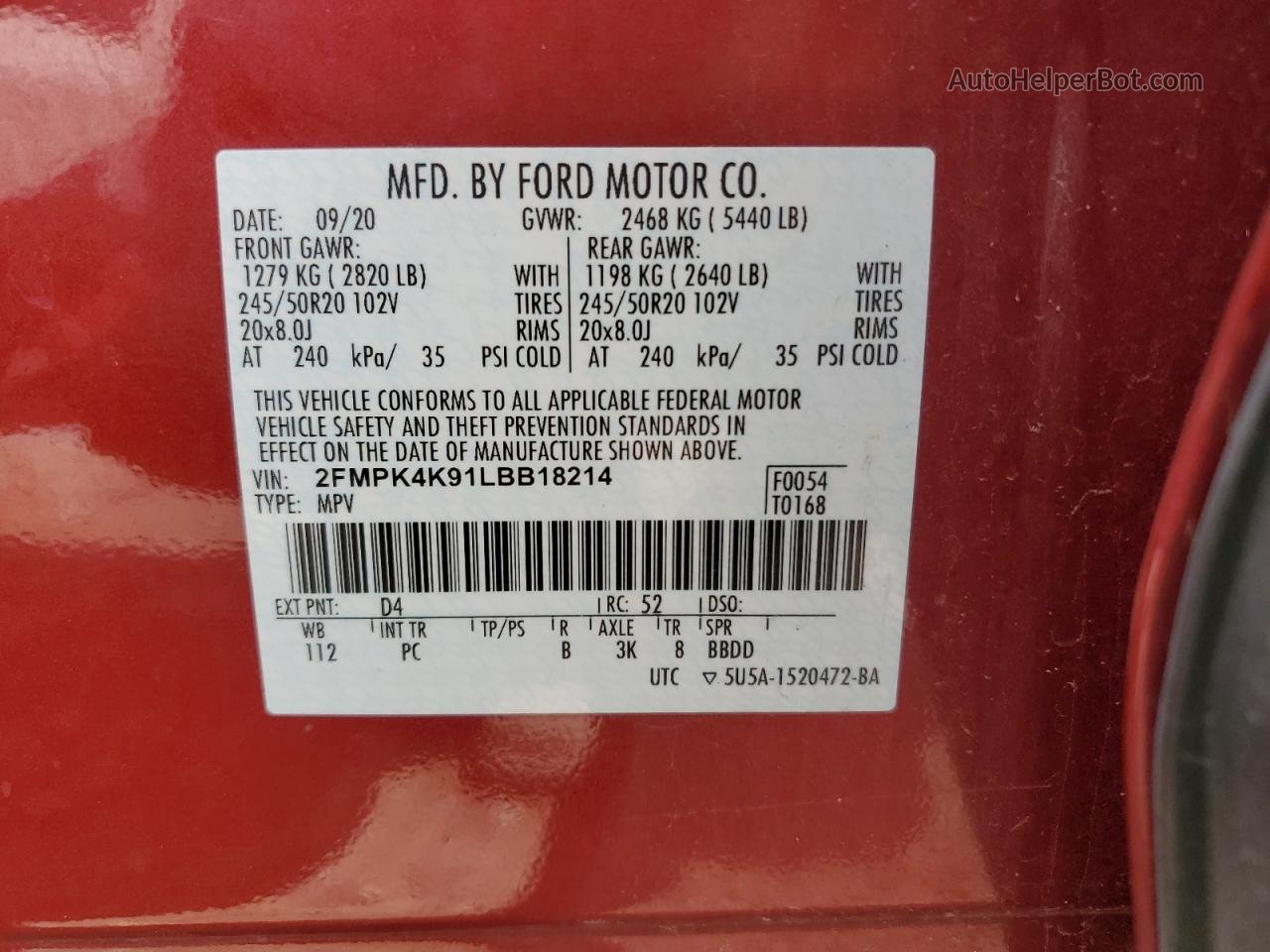 2020 Ford Edge Titanium Red vin: 2FMPK4K91LBB18214