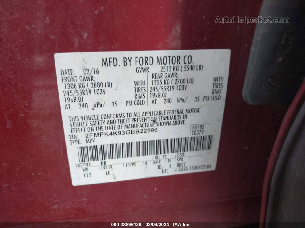 2016 Ford Edge Titanium Maroon vin: 2FMPK4K93GBB22996