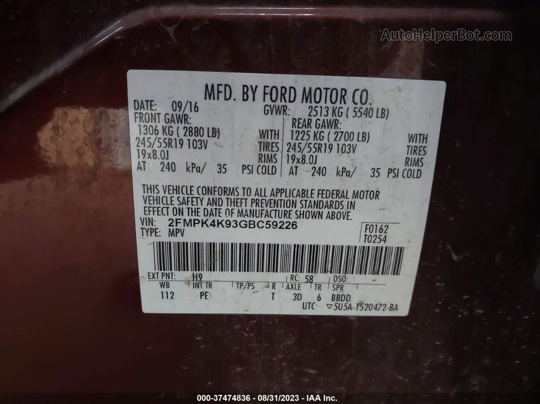 2016 Ford Edge Titanium Maroon vin: 2FMPK4K93GBC59226