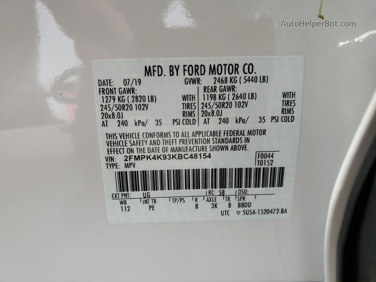 2019 Ford Edge Titanium Белый vin: 2FMPK4K93KBC48154