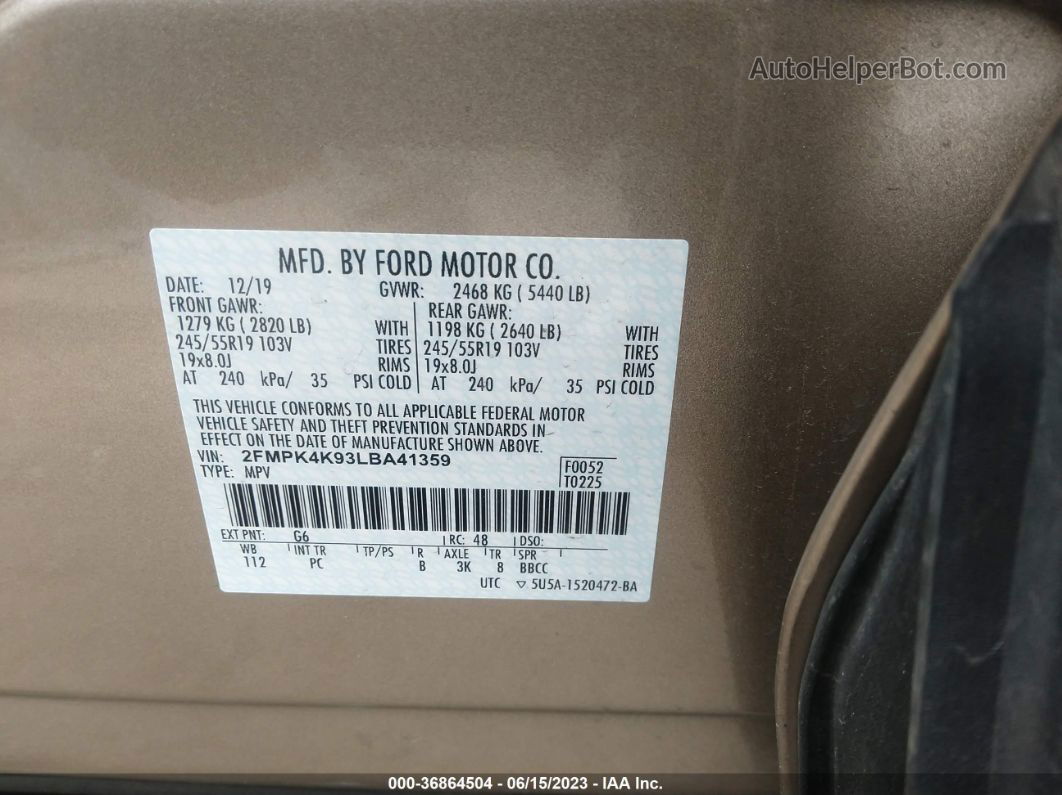 2020 Ford Edge Titanium Золотой vin: 2FMPK4K93LBA41359