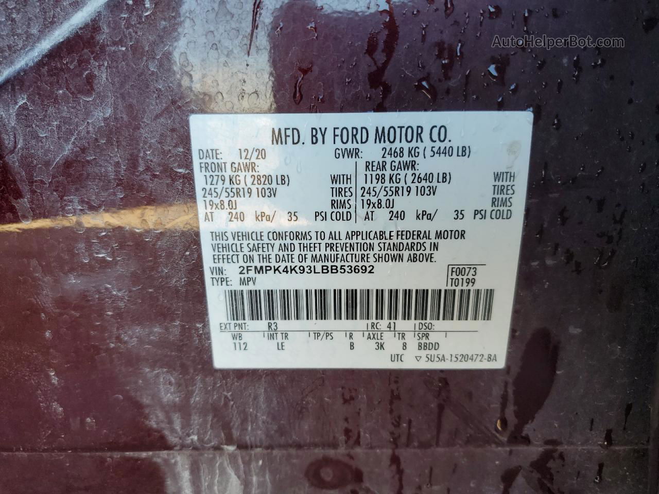 2020 Ford Edge Titanium Maroon vin: 2FMPK4K93LBB53692