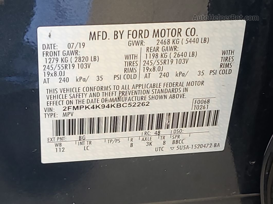 2019 Ford Edge Titanium vin: 2FMPK4K94KBC52262