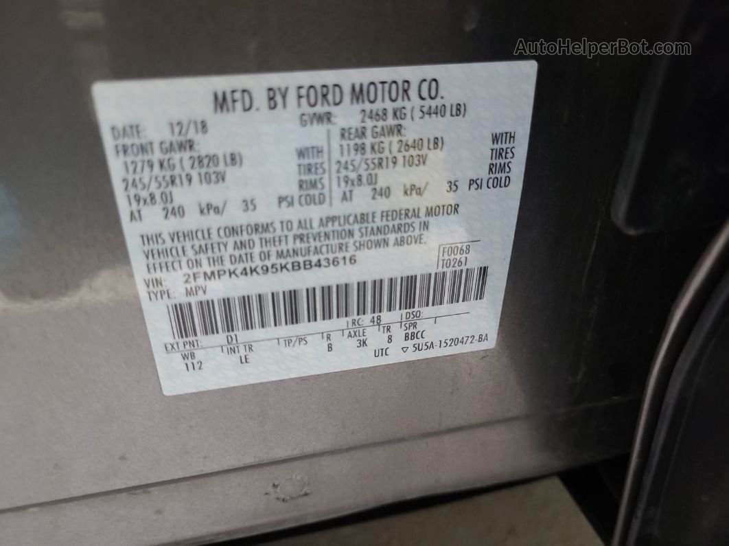 2019 Ford Edge Titanium Неизвестно vin: 2FMPK4K95KBB43616