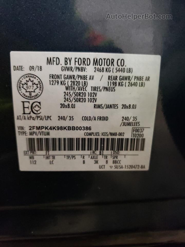 2019 Ford Edge Titanium Синий vin: 2FMPK4K98KBB00386