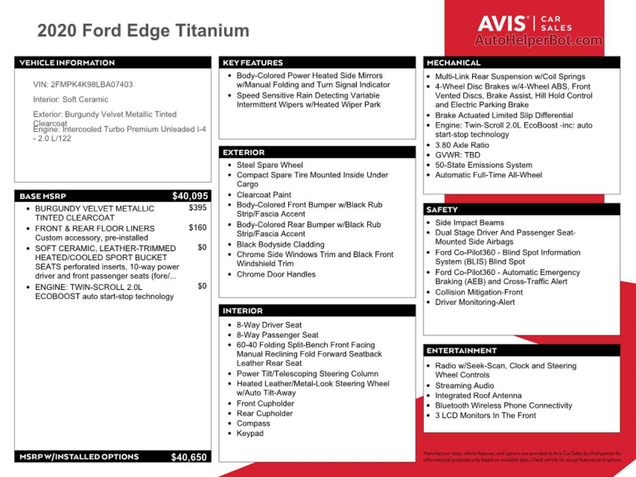 2020 Ford Edge Titanium Burgundy vin: 2FMPK4K98LBA07403