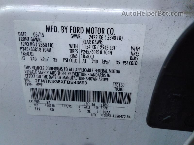 2015 Ford Edge Se vin: 2FMTK3G8XFBB43593