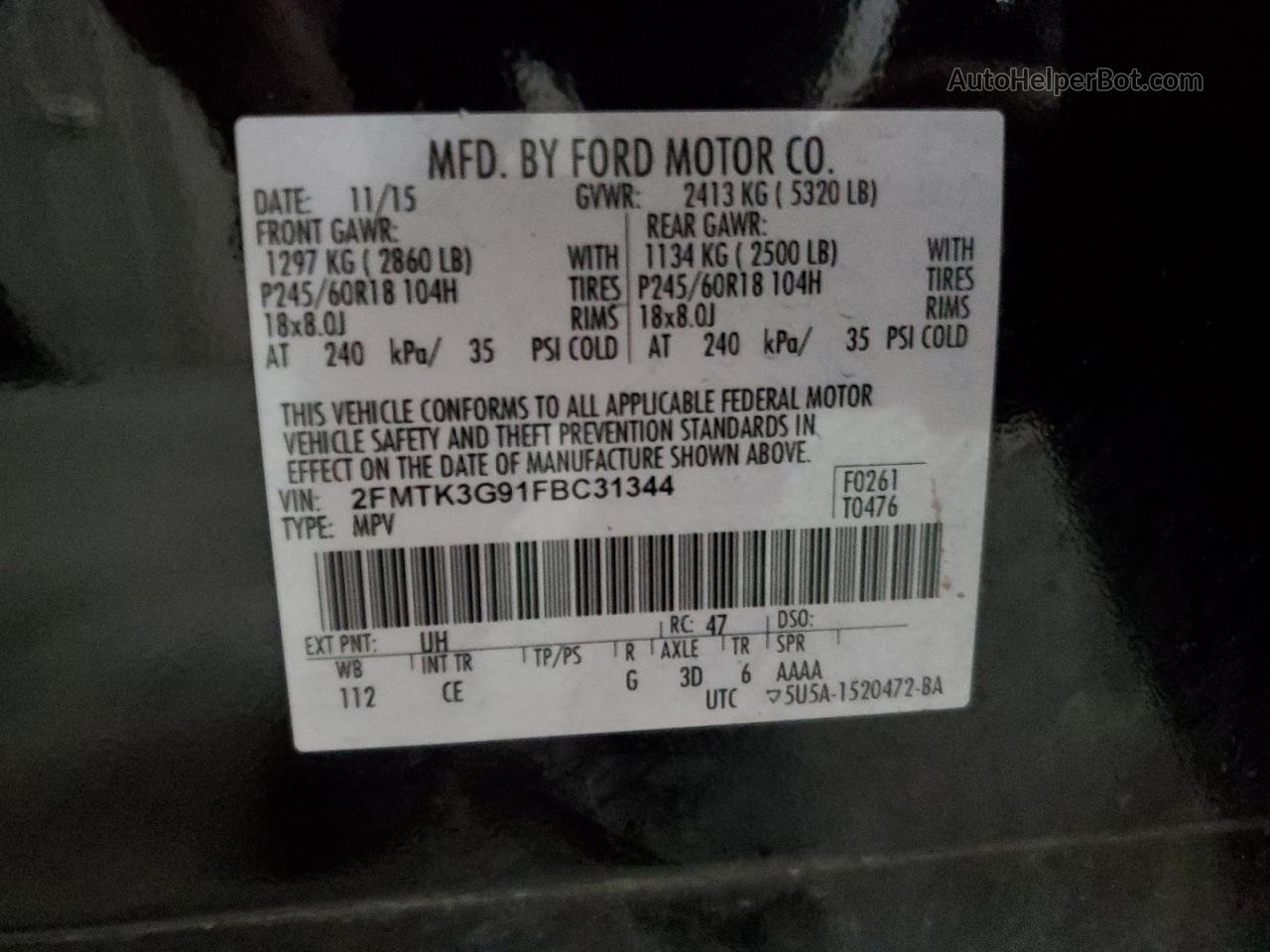 2015 Ford Edge Se Charcoal vin: 2FMTK3G91FBC31344