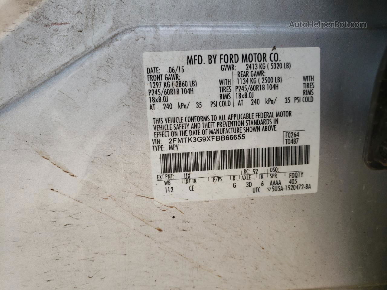 2015 Ford Edge Se Silver vin: 2FMTK3G9XFBB66655