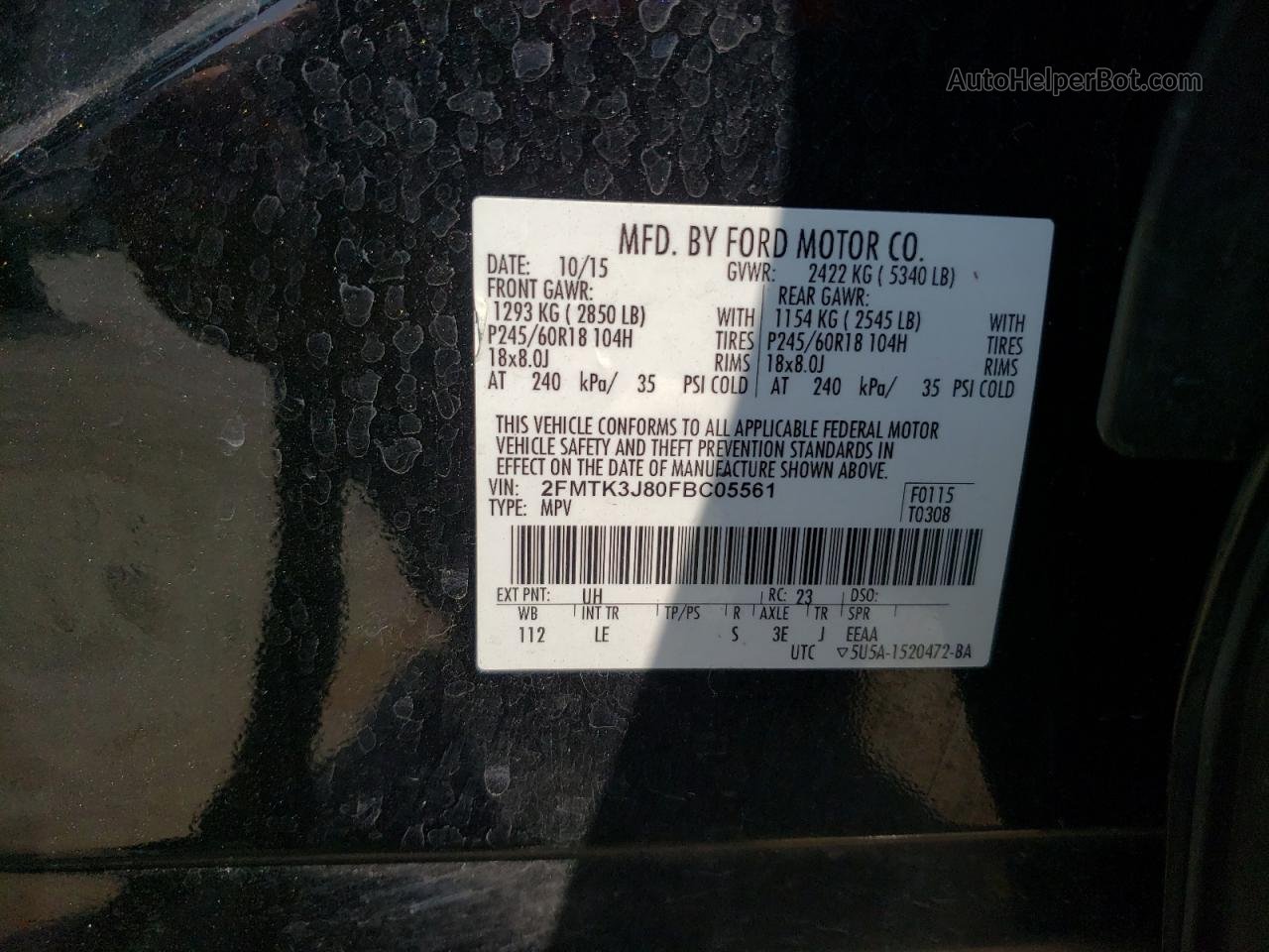2015 Ford Edge Sel Угольный vin: 2FMTK3J80FBC05561