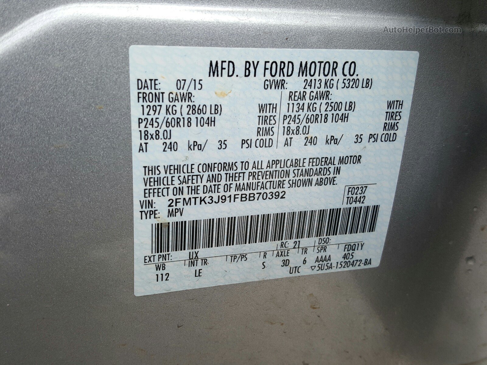 2015 Ford Edge Sel Silver vin: 2FMTK3J91FBB70392