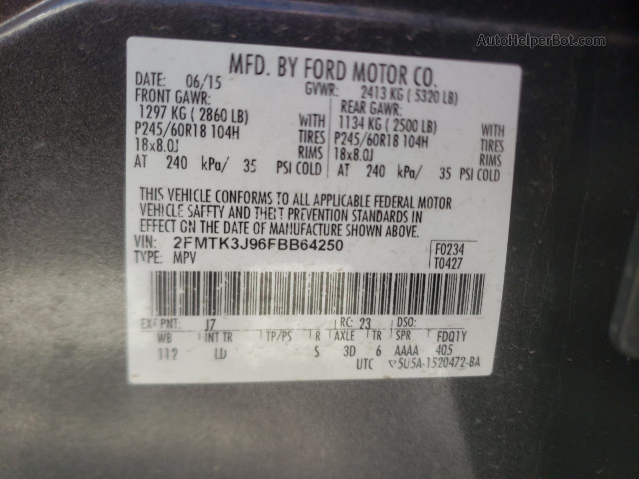 2015 Ford Edge Sel Серый vin: 2FMTK3J96FBB64250