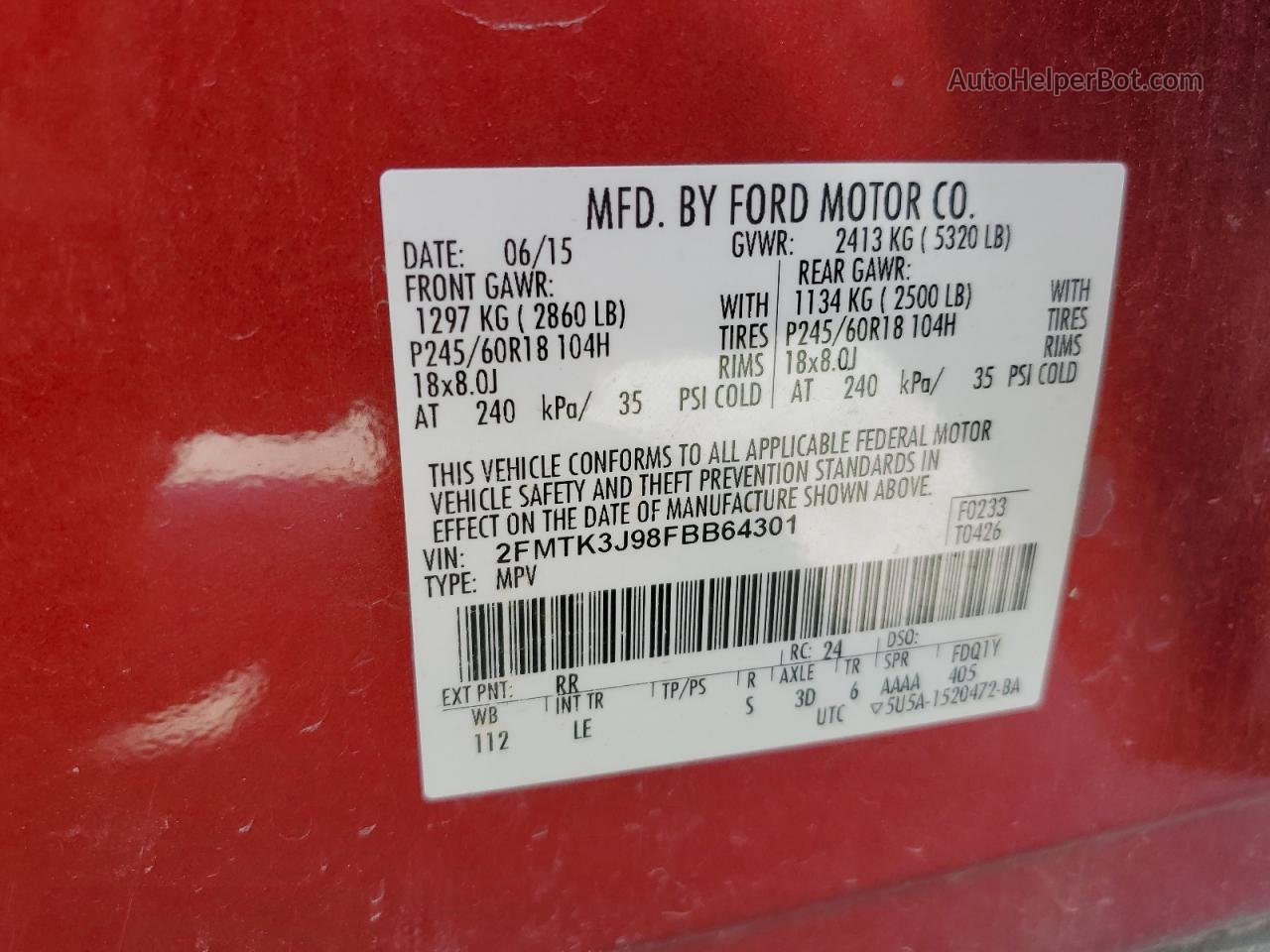 2015 Ford Edge Sel Бордовый vin: 2FMTK3J98FBB64301