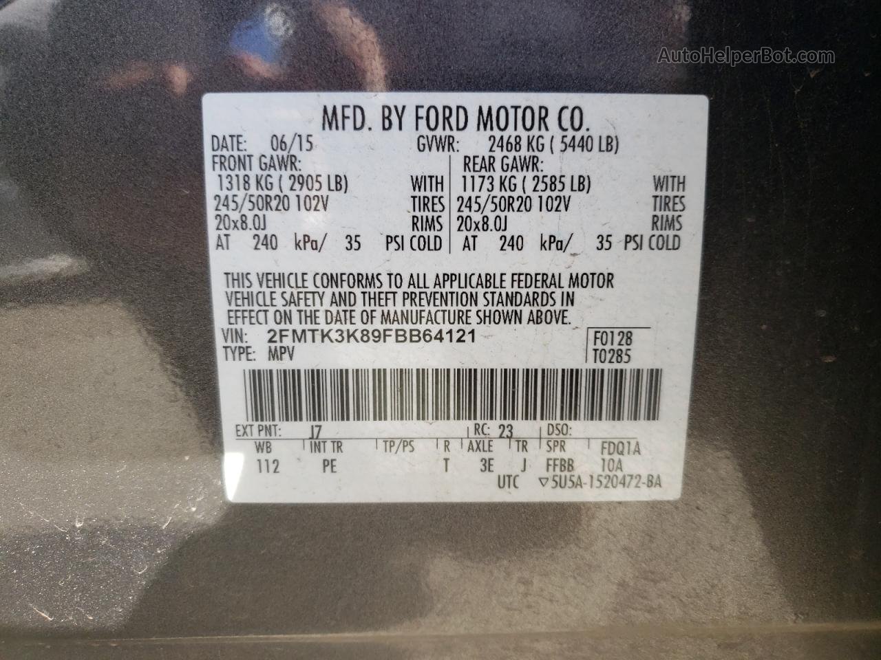 2015 Ford Edge Titanium Charcoal vin: 2FMTK3K89FBB64121