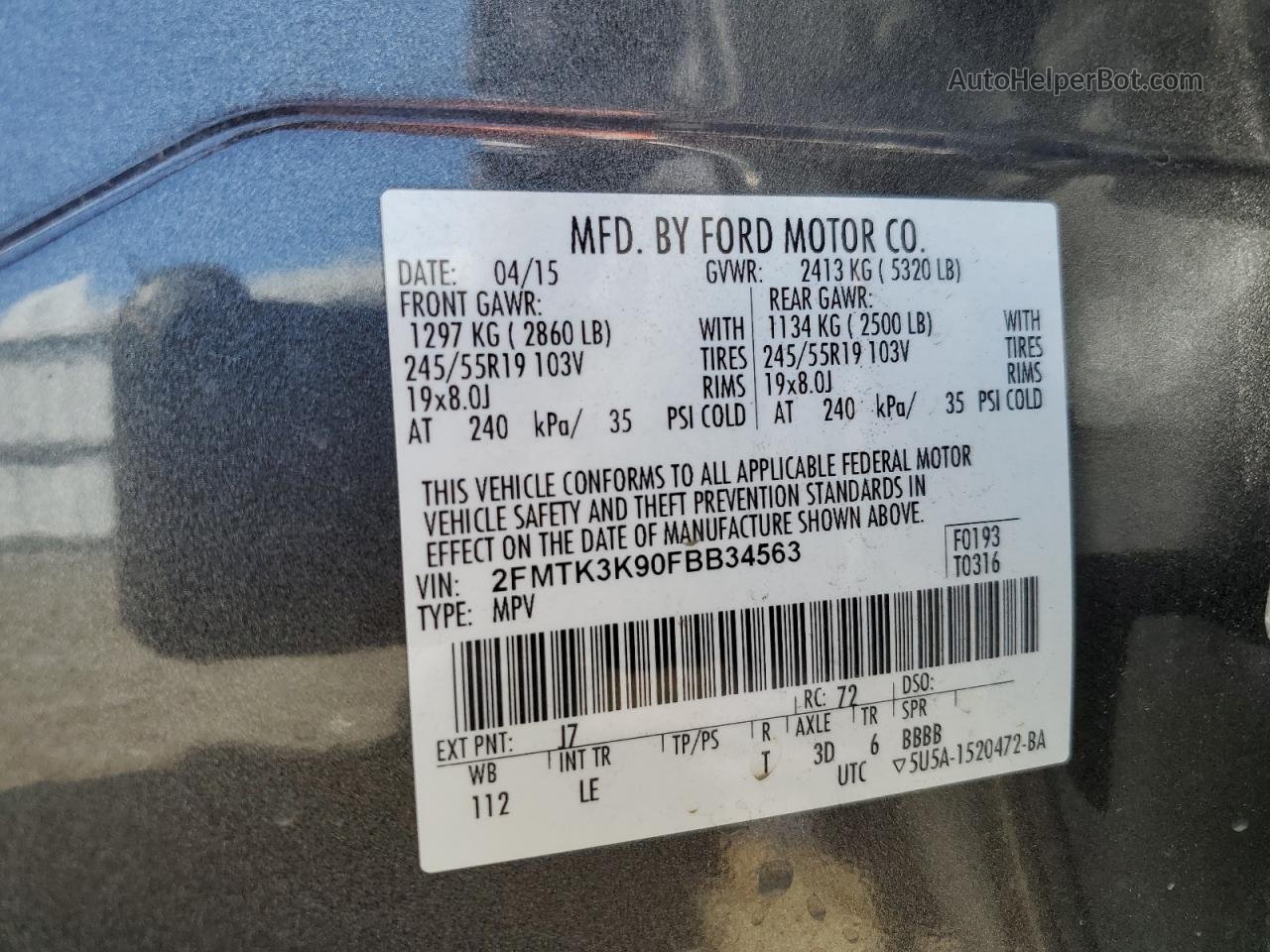 2015 Ford Edge Titanium Угольный vin: 2FMTK3K90FBB34563