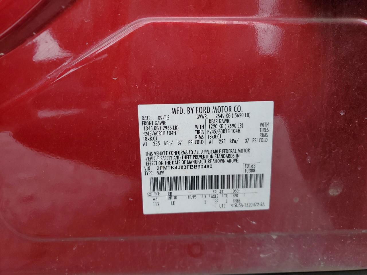 2015 Ford Edge Sel Red vin: 2FMTK4J83FBB90480