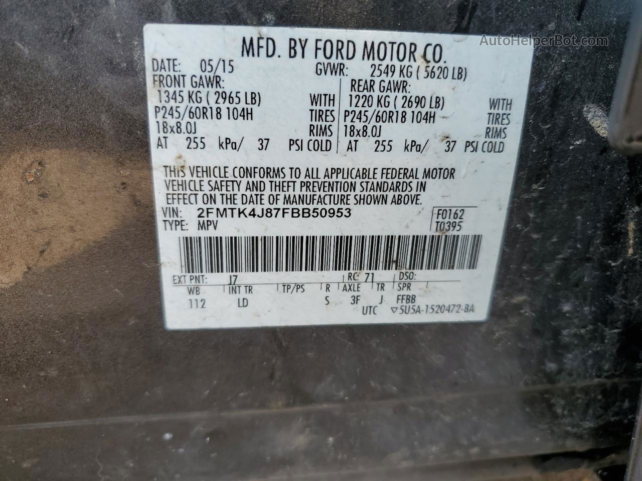 2015 Ford Edge Sel Charcoal vin: 2FMTK4J87FBB50953