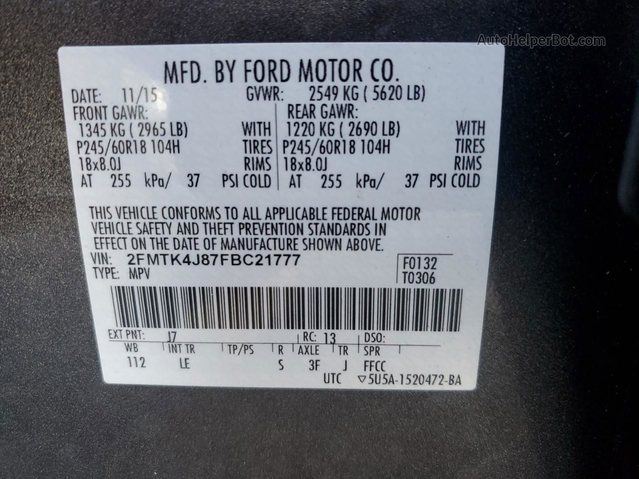 2015 Ford Edge Sel Charcoal vin: 2FMTK4J87FBC21777