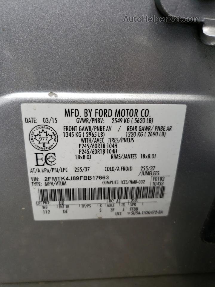2015 Ford Edge Sel Silver vin: 2FMTK4J89FBB17663