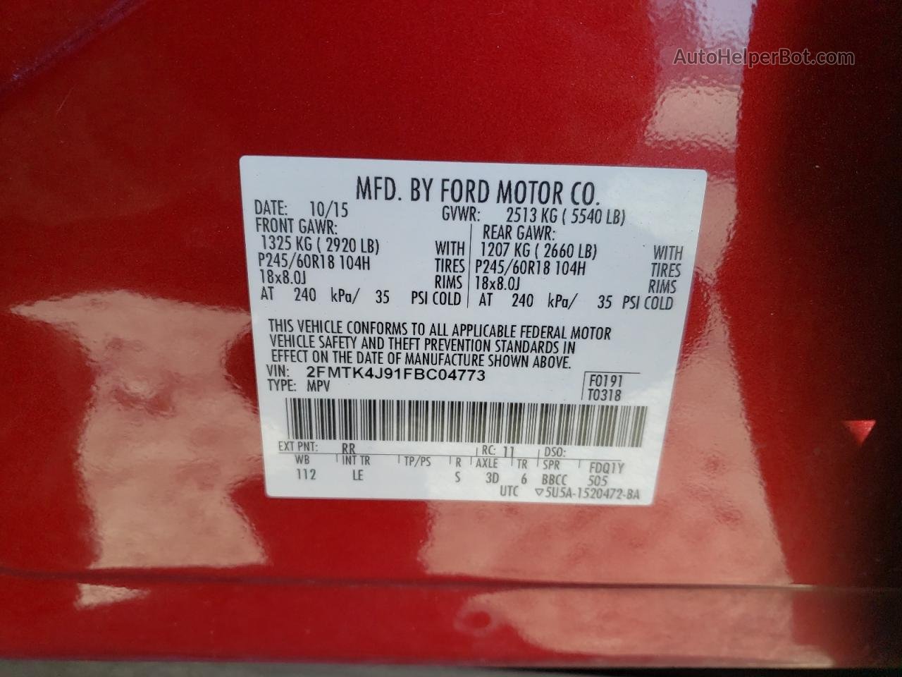 2015 Ford Edge Sel Red vin: 2FMTK4J91FBC04773