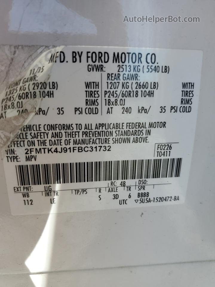 2015 Ford Edge Sel White vin: 2FMTK4J91FBC31732