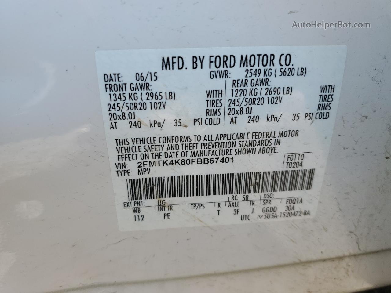 2015 Ford Edge Titanium White vin: 2FMTK4K80FBB67401